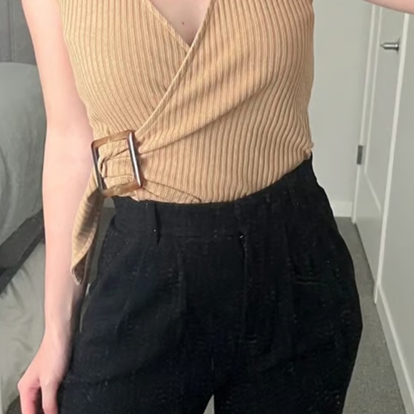 Express Camel Ribbed Wrap Top - Picture 2 of 2